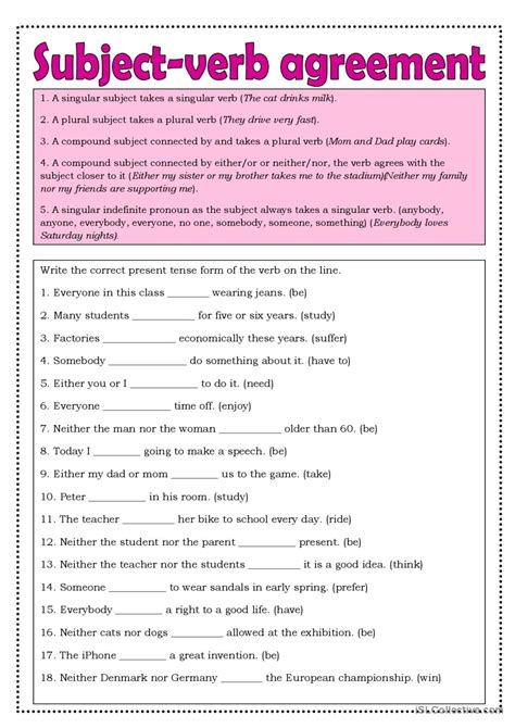 subject verb agreement worksheet pdf